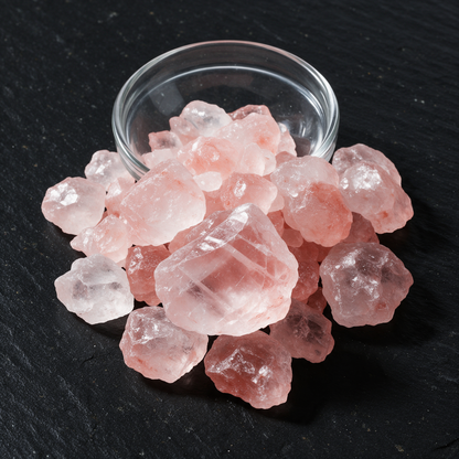 Coarse faceted pink rock salt crystals in and around a small clear glass bowl on flecked black slate