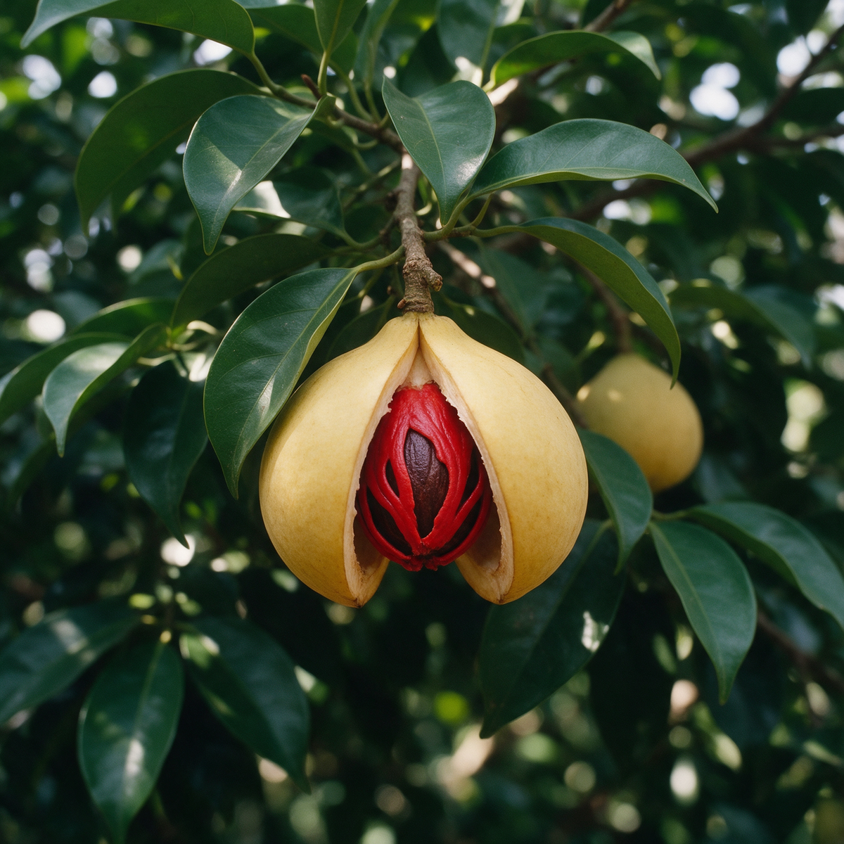 A ripe nutmeg fruit hanging on the branch with its yellow husk split open, showing the crimson lacy mace wrapped around the dark seed inside