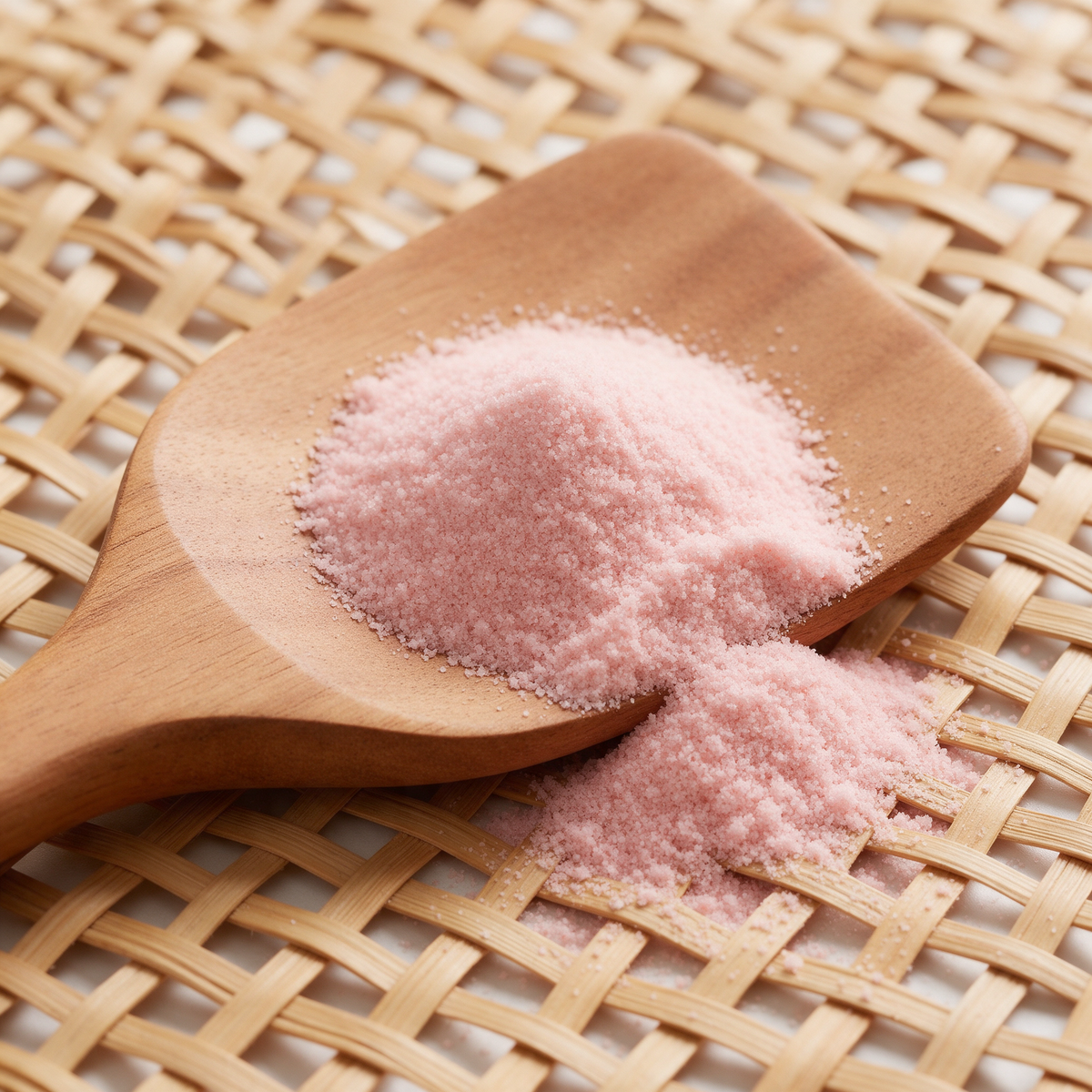 Fine powder-pink salt heaped on a flat mango-wood paddle spoon and drifting into an open cane weave