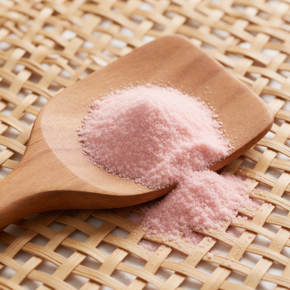 Fine powder-pink salt heaped on a flat mango-wood paddle spoon and drifting into an open cane weave