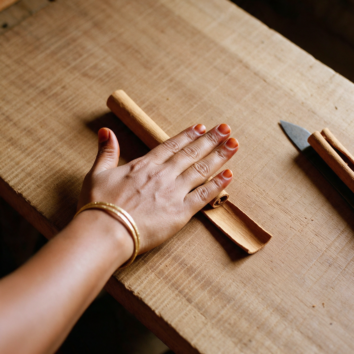 A flat hand rolling a strip of inner cinnamon bark into a quill along a rough-sawn jackwood bench, the rolled section behind and the flat strip ahead, a blade set aside