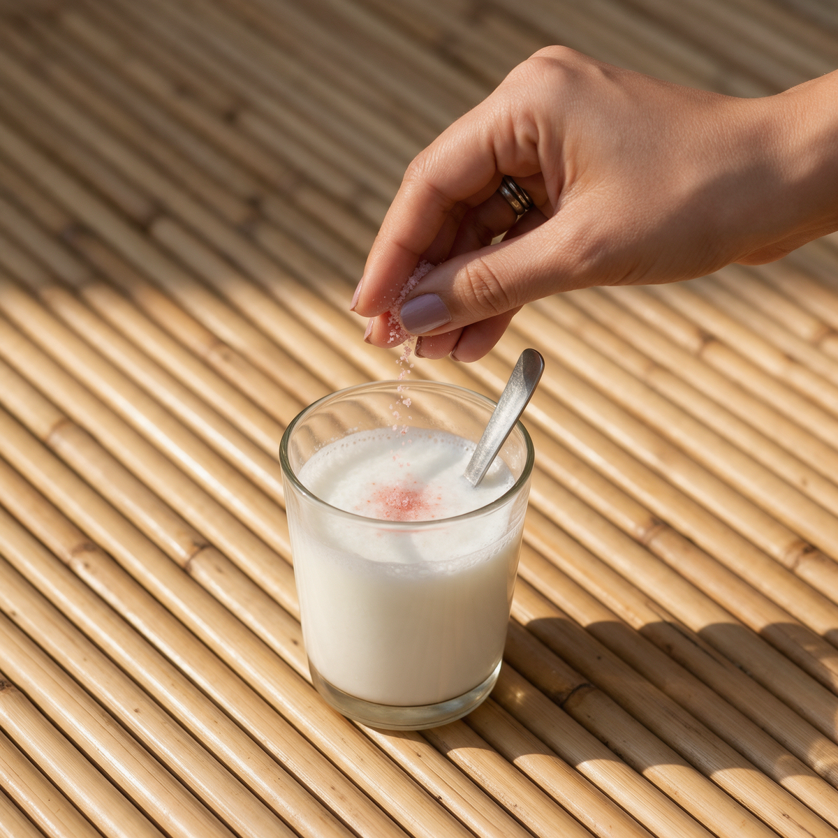 Fingertips releasing a pinch of fine pink salt onto the froth of a glass of chaas, with a flat-stemmed steel spoon standing in the glass