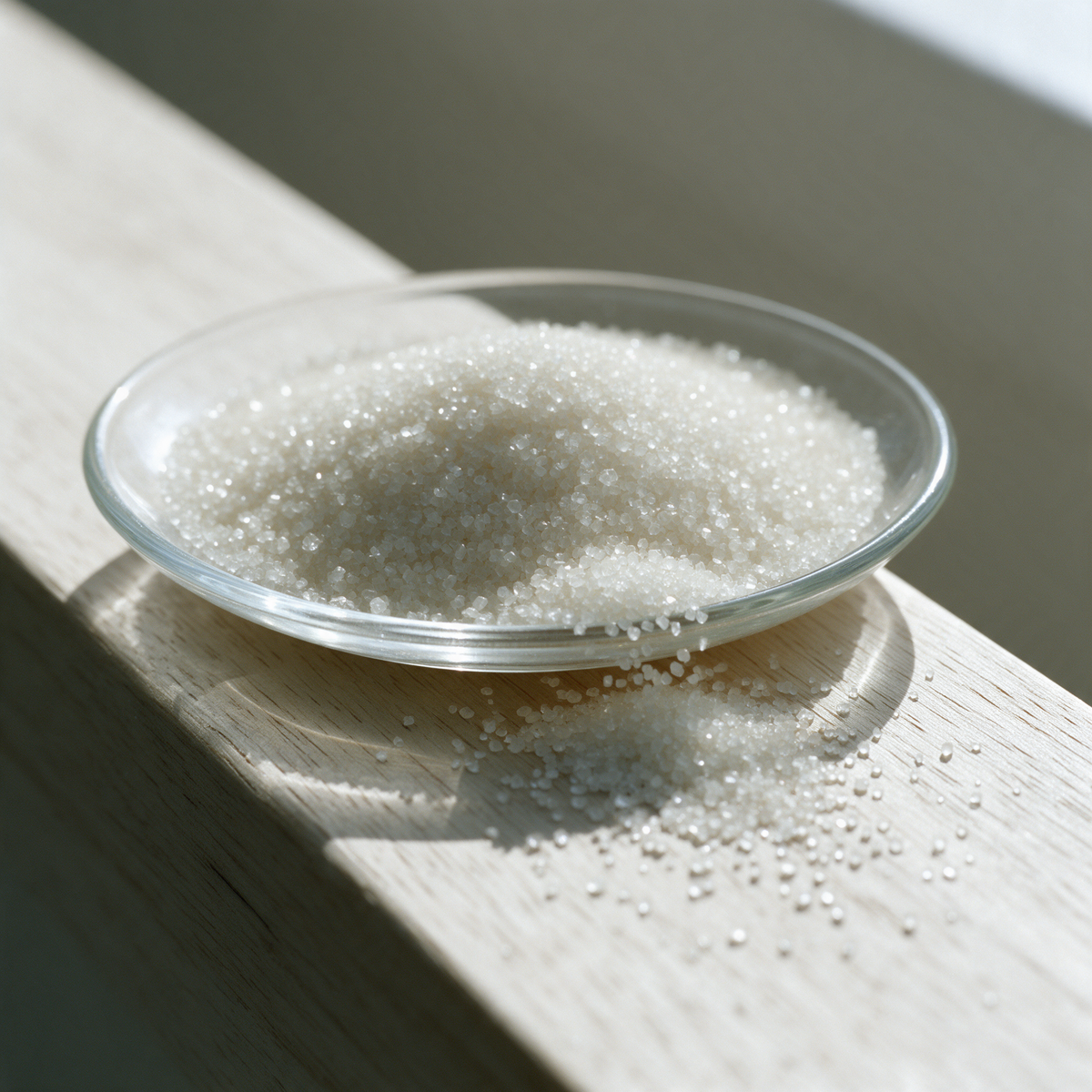 Off-white cane sugar crystals in a shallow glass saucer and drifted across a pale mango-wood ledge under hard backlight