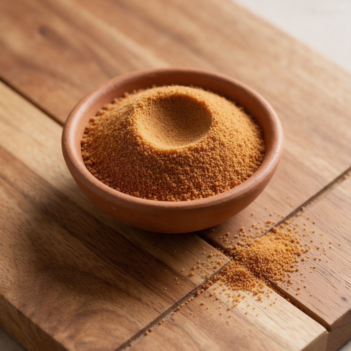 Fine sandy coconut sap sugar heaped in a small terracotta bowl with a crater pressed into the top, scattered across a jointed mango-wood board