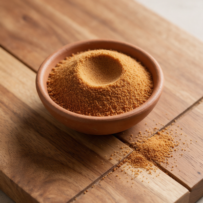 Fine sandy coconut sap sugar heaped in a small terracotta bowl with a crater pressed into the top, scattered across a jointed mango-wood board