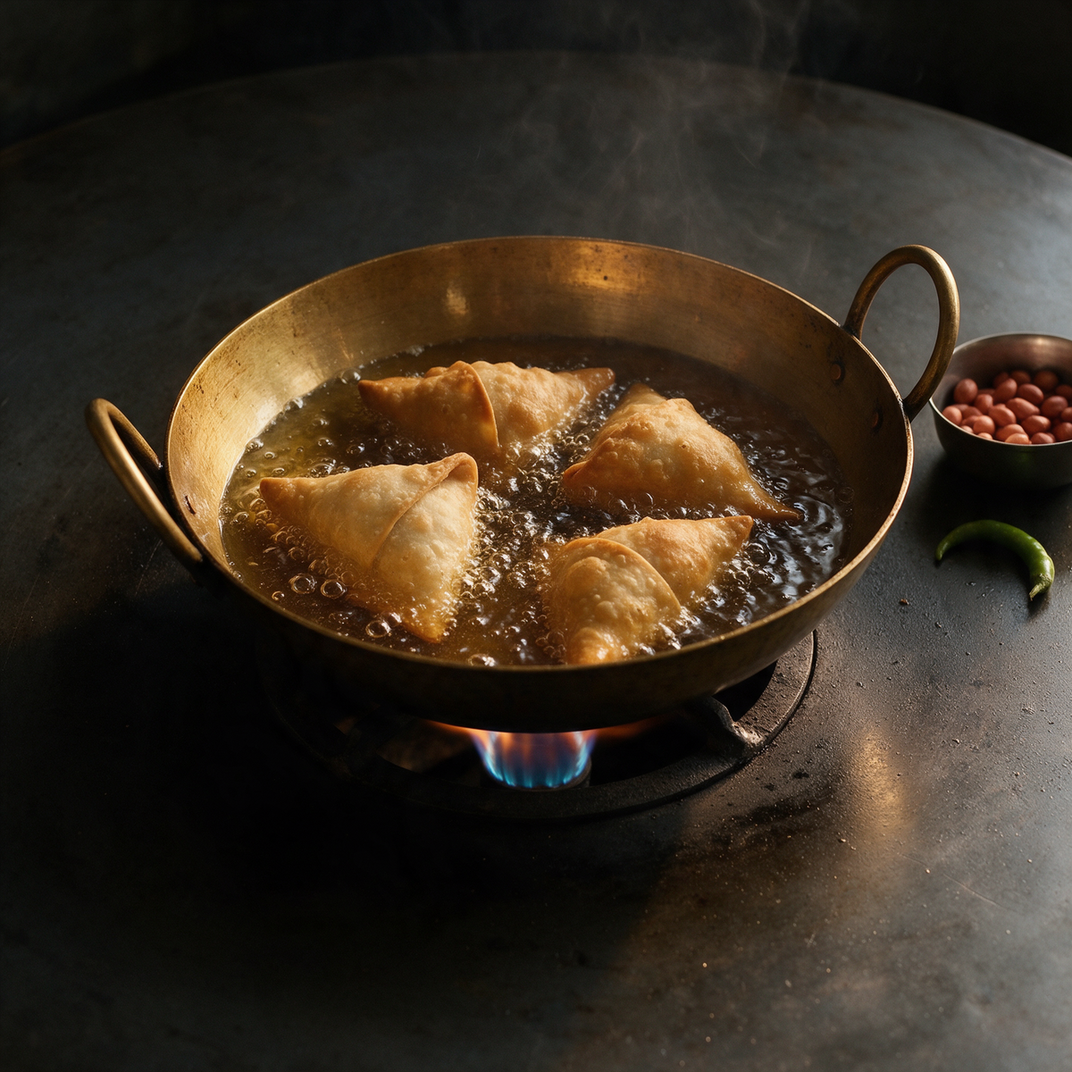 Samosas frying in hot oil in a brass kadhai over a gas flame
