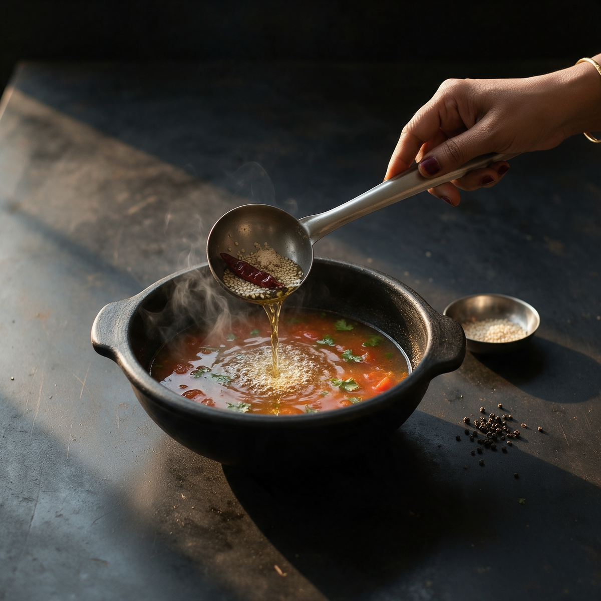 Tadka being poured from a steel ladle into a pan of rasam on a steel surface