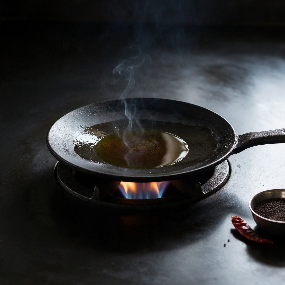 Mustard oil heating in a cast-iron tawa over a gas flame until it just begins to smoke
