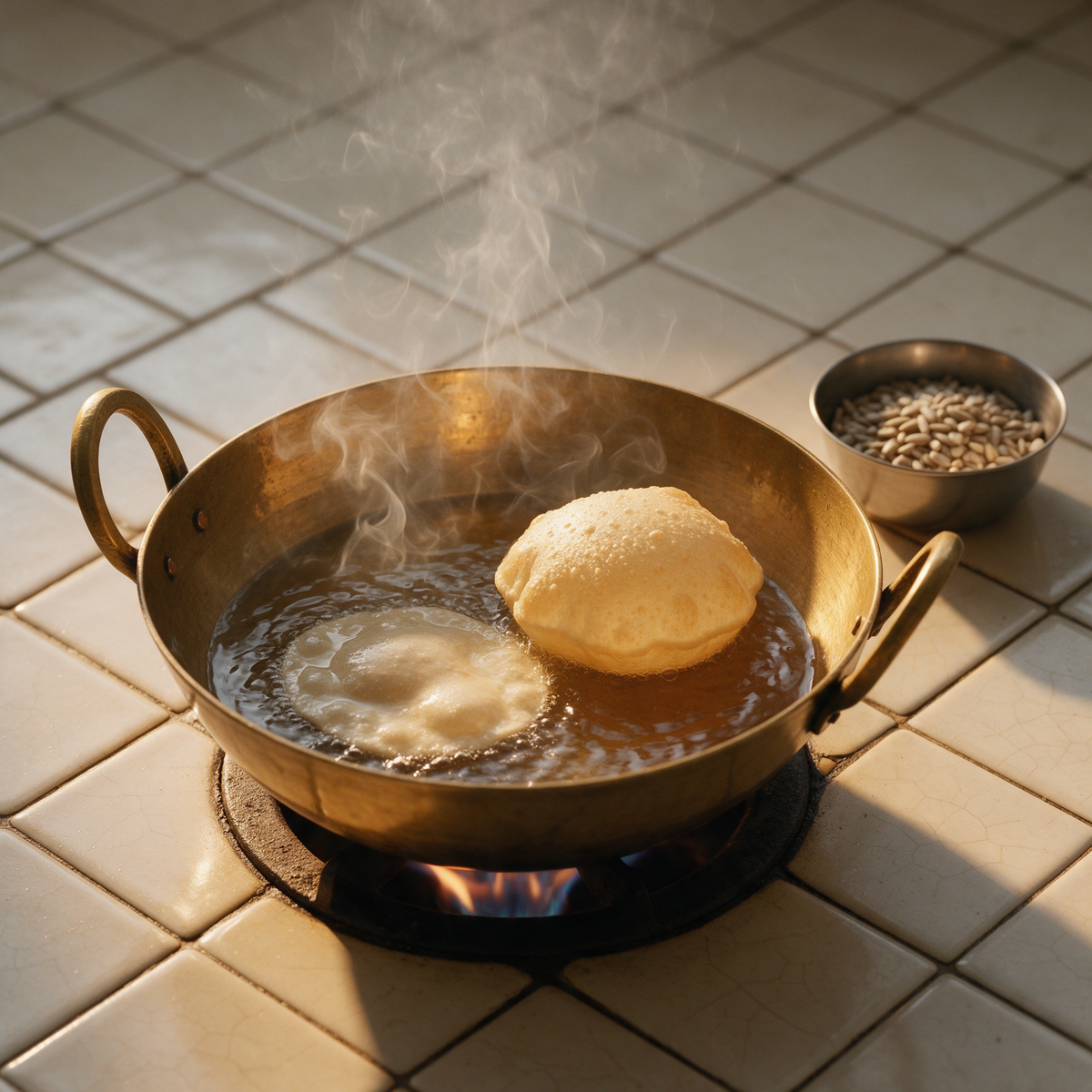 A puri puffing up in hot oil in a brass kadhai over a gas flame