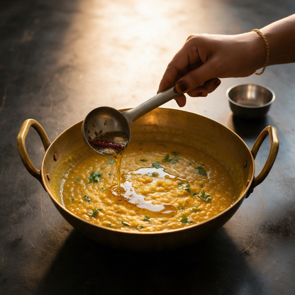 Ghee tadka being poured from a steel ladle into a brass kadhai of yellow dal