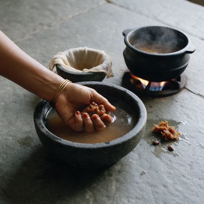 Tamarind squeezed by hand in a stone bowl of water beside a muslin strainer and a rasam pot on the flame