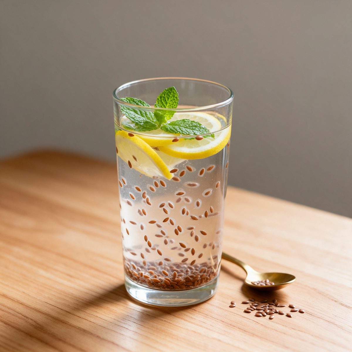 Whole flax seeds settled and suspended in a tall glass of water with lemon rounds and mint, a brass spoon of dry seeds beside it on a wooden table