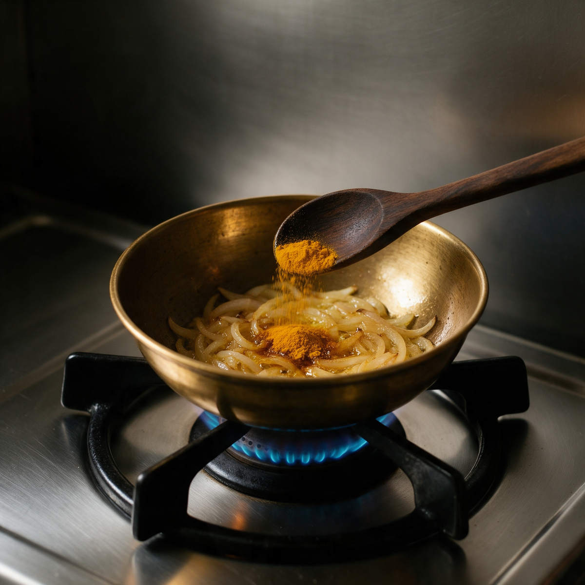 Half a teaspoon of turmeric powder going onto onions in a brass kadhai on a gas burner