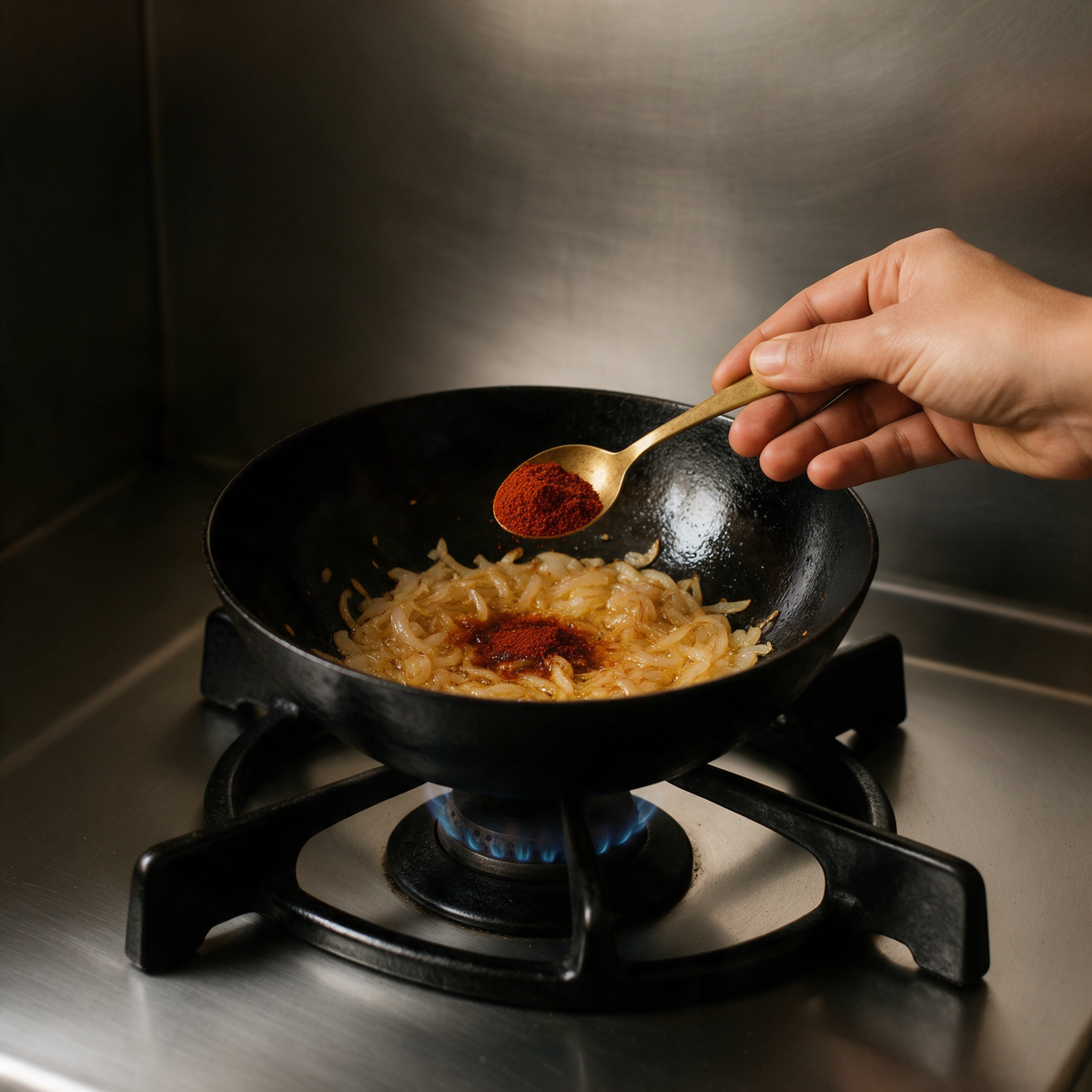A brass spoon tipping Byadagi chilli powder onto softened onions in an iron kadhai on a gas burner