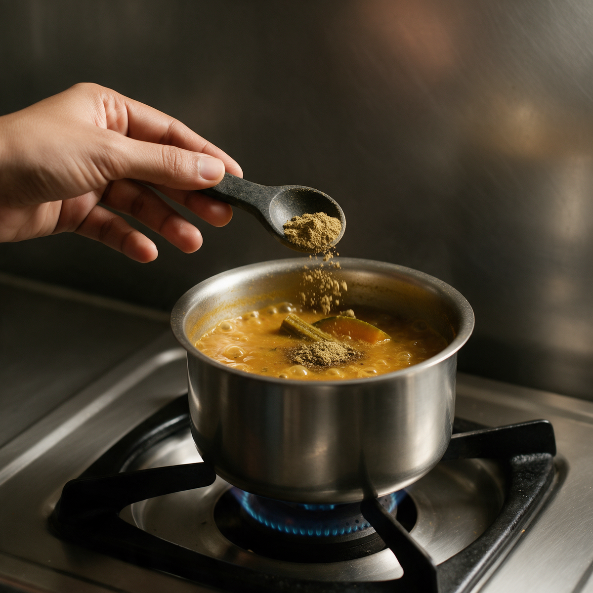 Half a teaspoon of coriander powder going into a pot of simmering sambar on a gas burner