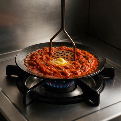 Finished pav bhaji, deep red and glossy with melting butter, being mashed on an iron tawa