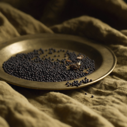 Black mustard seeds spread unevenly on a brass plate, a few spilled onto the cloth below