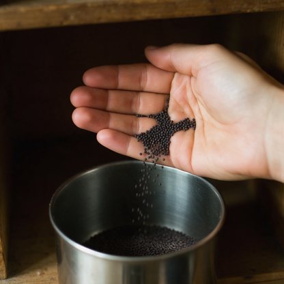 Mustard seeds running from a cupped palm into a steel storage tin