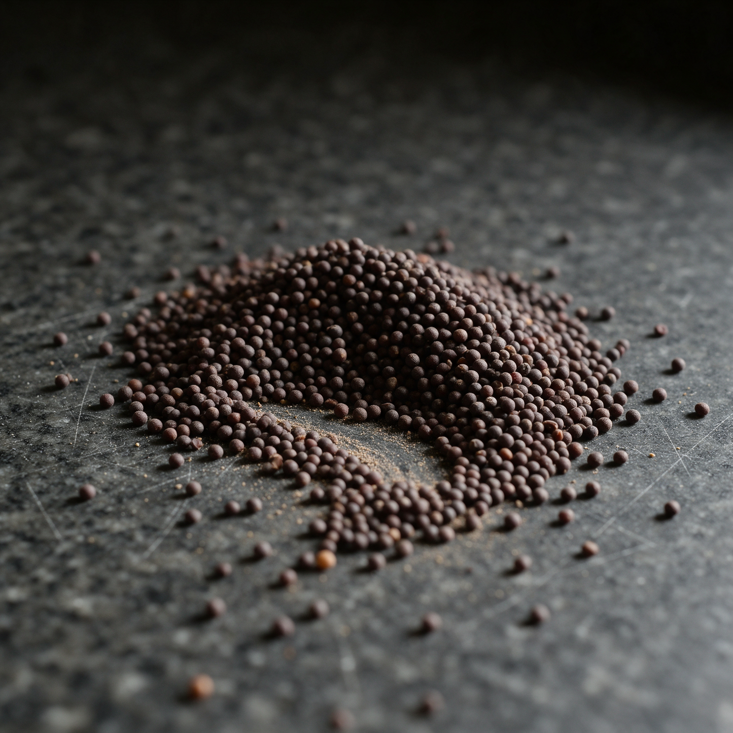 A loose heap of black mustard seeds poured onto a scratched granite kitchen slab