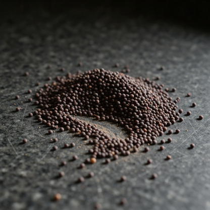 A loose heap of black mustard seeds poured onto a scratched granite kitchen slab