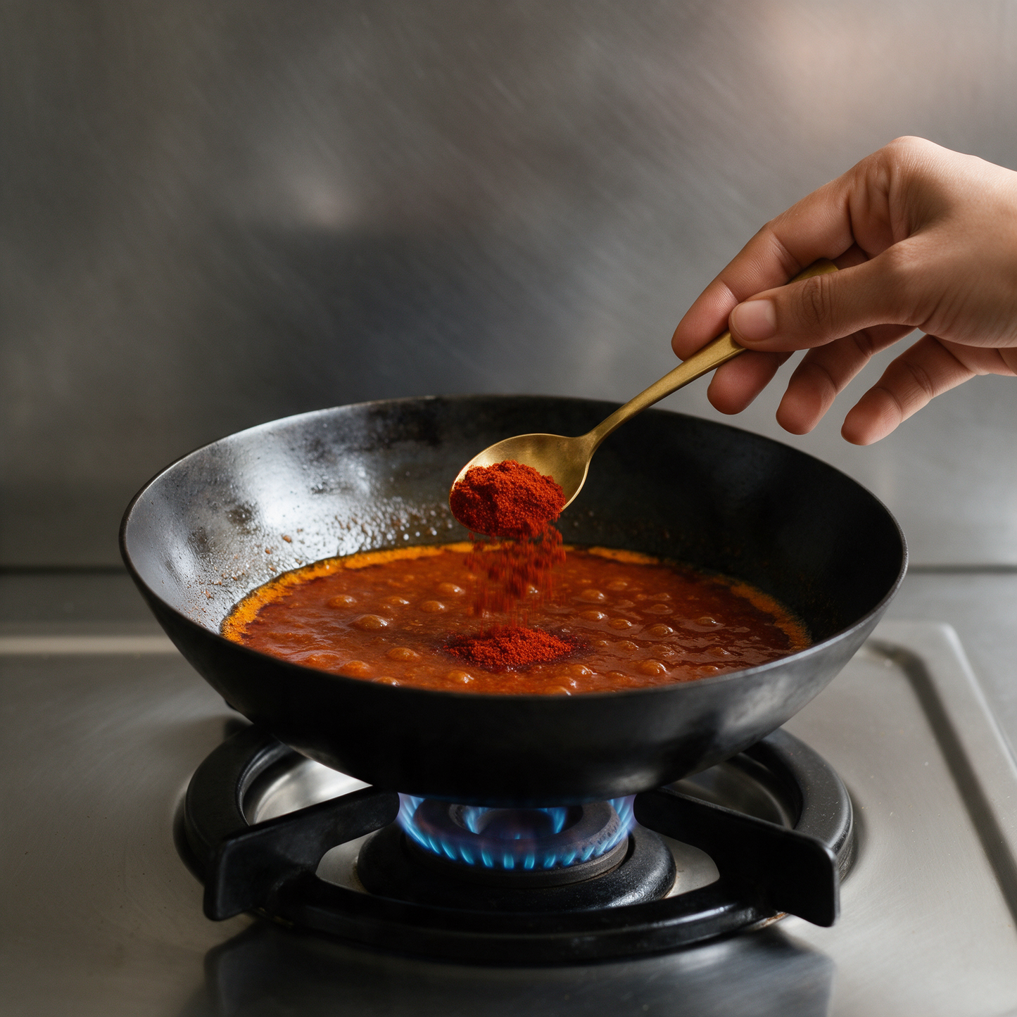 A brass spoon tipping Byadagi chilli powder onto a simmering red gravy in an iron kadhai on a gas burner