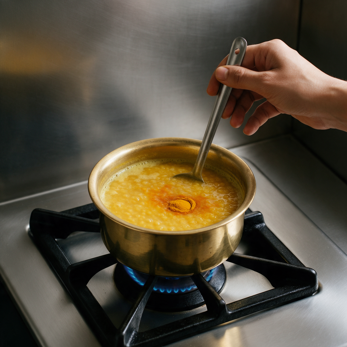 Turmeric spreading through boiling toor dal in a brass degchi on a gas burner