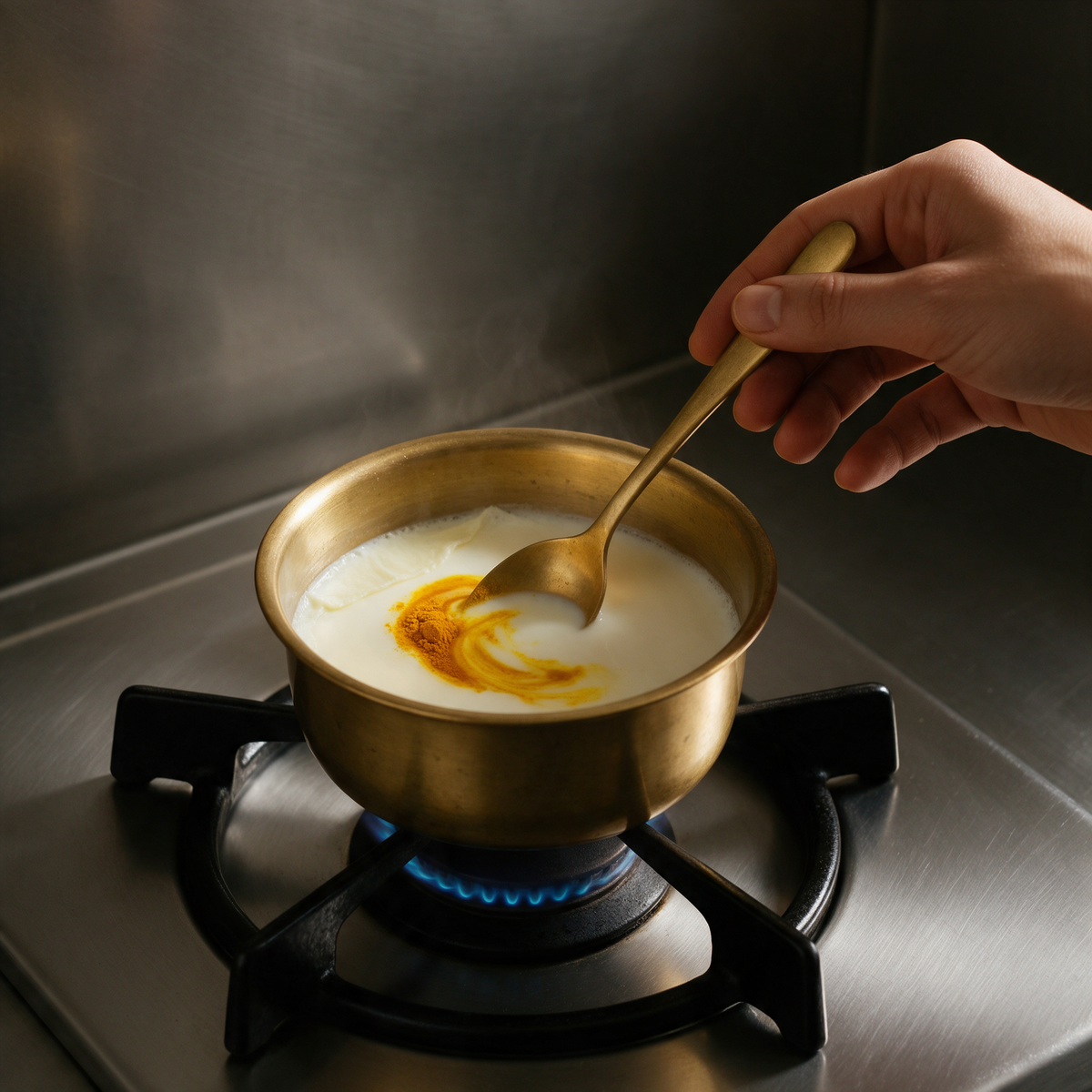 Turmeric being stirred into hot milk in a brass pot on a gas burner
