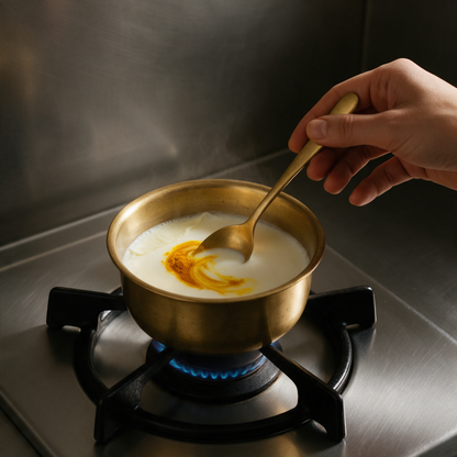 Turmeric being stirred into hot milk in a brass pot on a gas burner