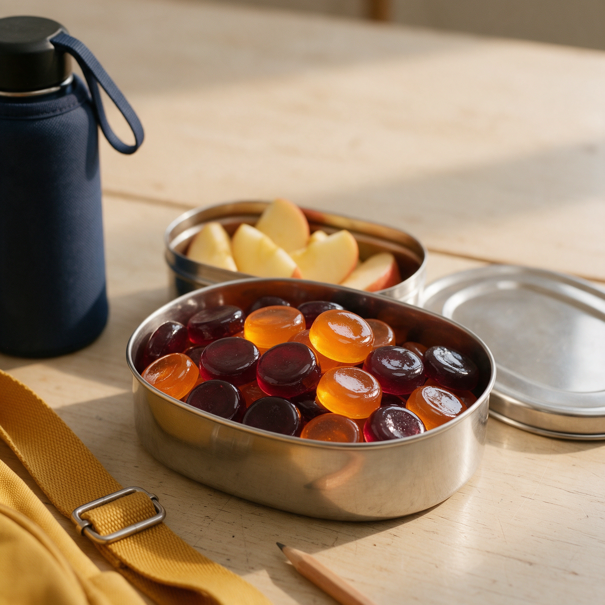 Round maroon and amber fruit gummies packed into a steel tiffin box beside apple slices, a water bottle and a school bag strap on a wooden table