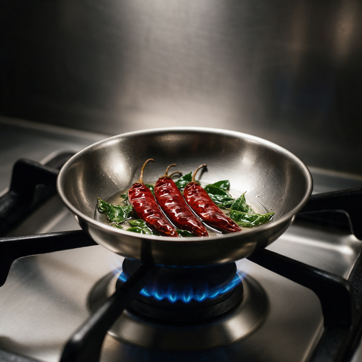 Whole Byadagi chillies and curry leaves frying in oil in a steel tempering pan on a gas burner