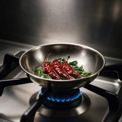 Whole Byadagi chillies and curry leaves frying in oil in a steel tempering pan on a gas burner