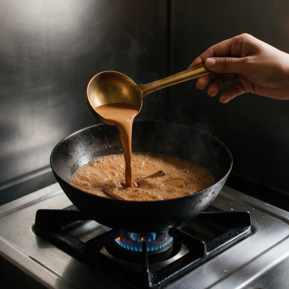 Masala chai with a cinnamon quill boiling in an iron kadhai on a gas burner, being poured back from a brass ladle