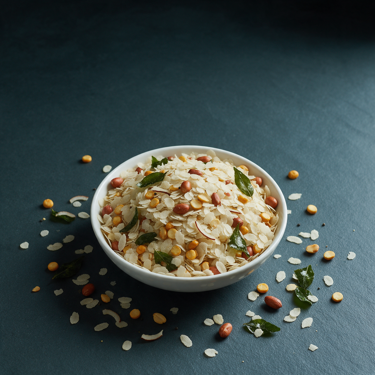 Dry sweet and salt chiwda heaped in a white bowl on dark slate, crisp separate rice flakes with skin-on peanuts, roasted gram and fried curry leaves