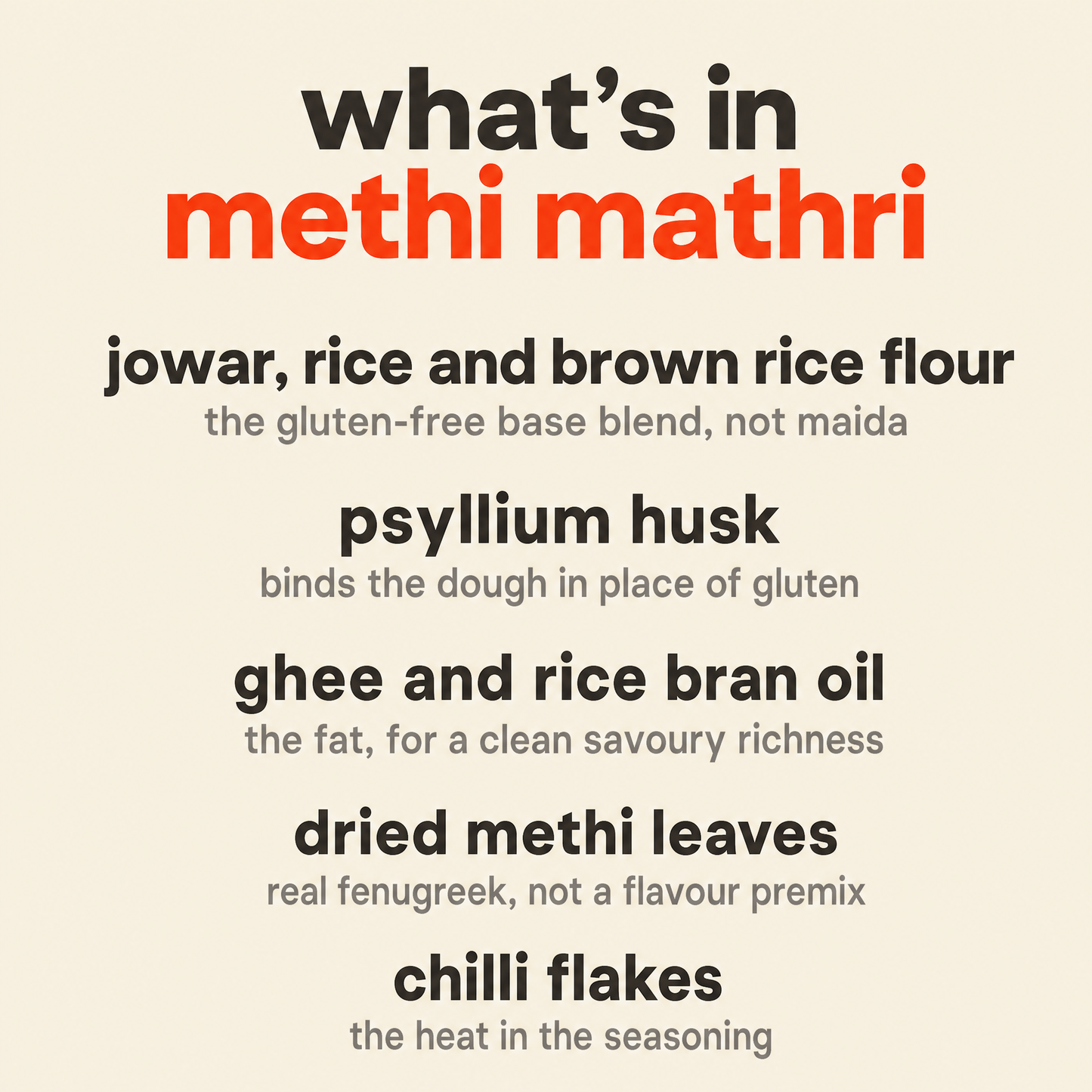 What is in Methi Mathri: jowar, rice and brown rice flour, psyllium husk, ghee and rice bran oil, dried methi leaves and chilli flakes