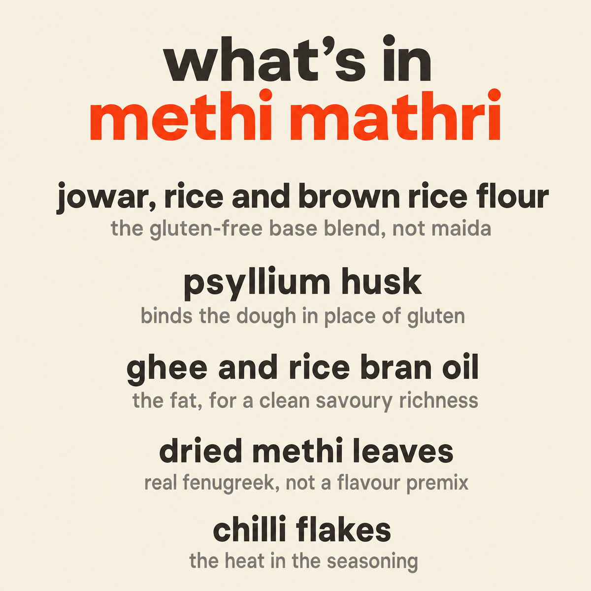 What is in Methi Mathri: jowar, rice and brown rice flour, psyllium husk, ghee and rice bran oil, dried methi leaves and chilli flakes