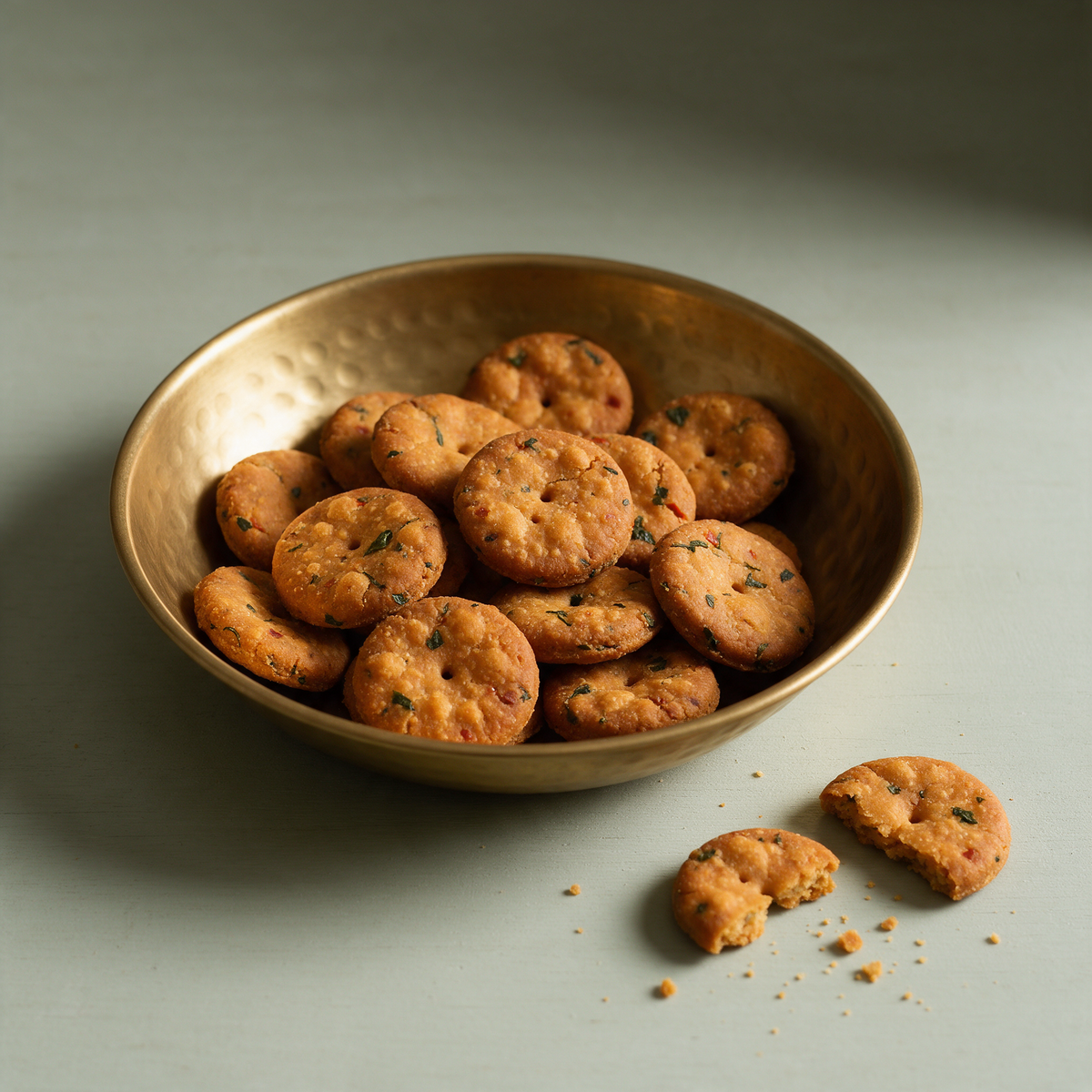 Small round methi mathri bites piled in a hammered brass bowl on pale grey-green painted wood, one snapped open to show the short crumbly interior