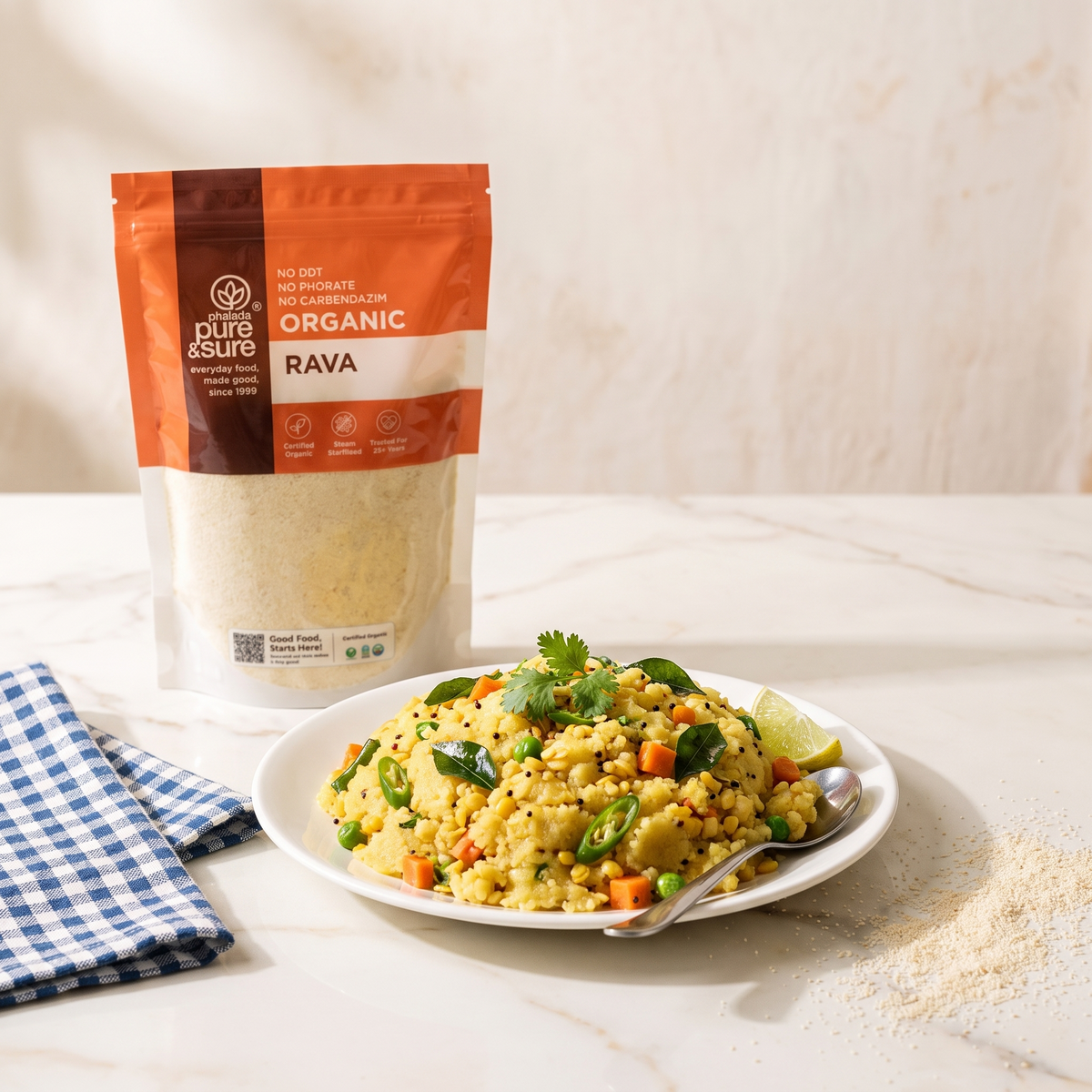 A plate of freshly made rava upma with the pack behind it in a bright kitchen