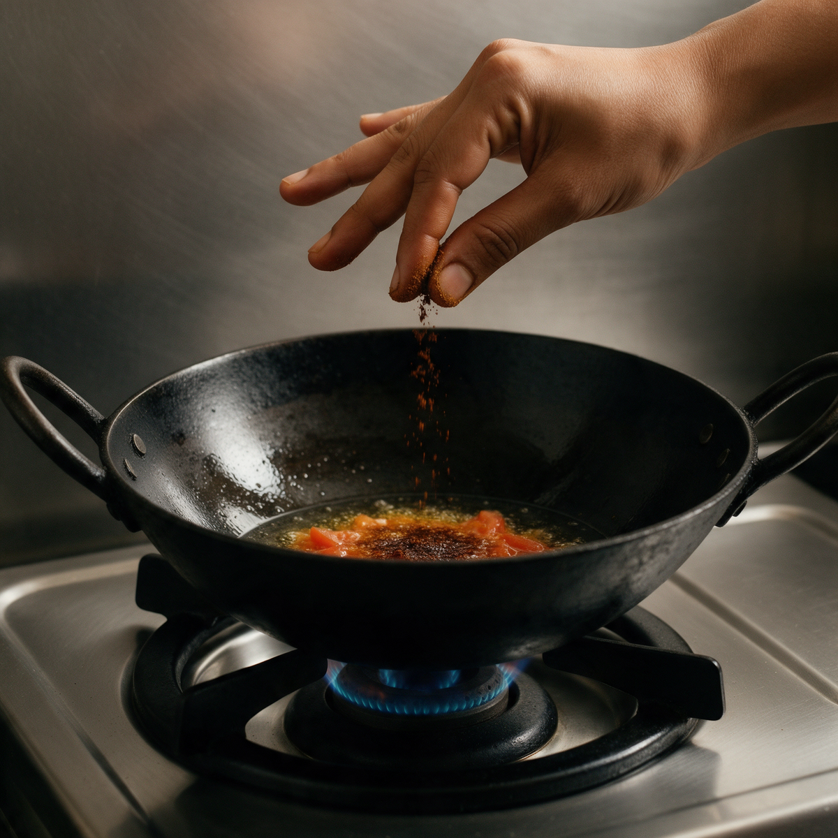 A pinch of chana masala being dropped into hot ghee with tomato in an iron kadhai on a gas burner