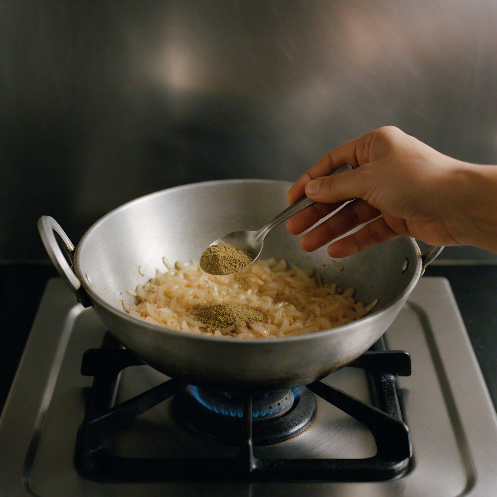 A hand tipping a teaspoon of coriander powder onto softened onions in an aluminium kadhai on a gas burner