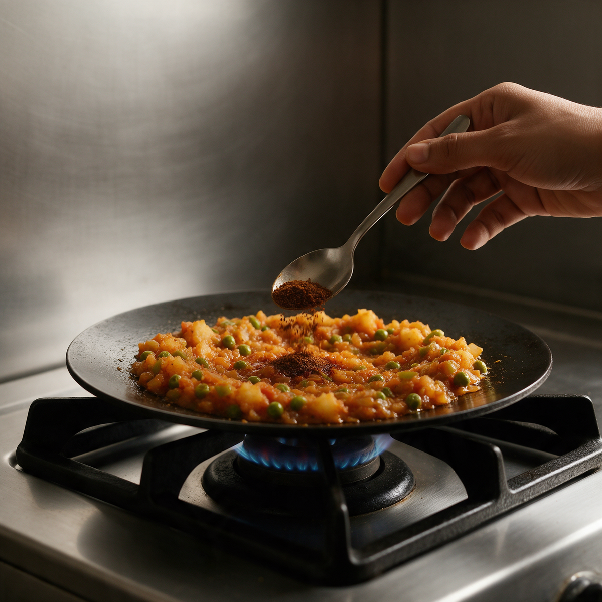 A hand tipping a teaspoon of pav bhaji masala onto mashed vegetables on an iron tawa on a gas burner