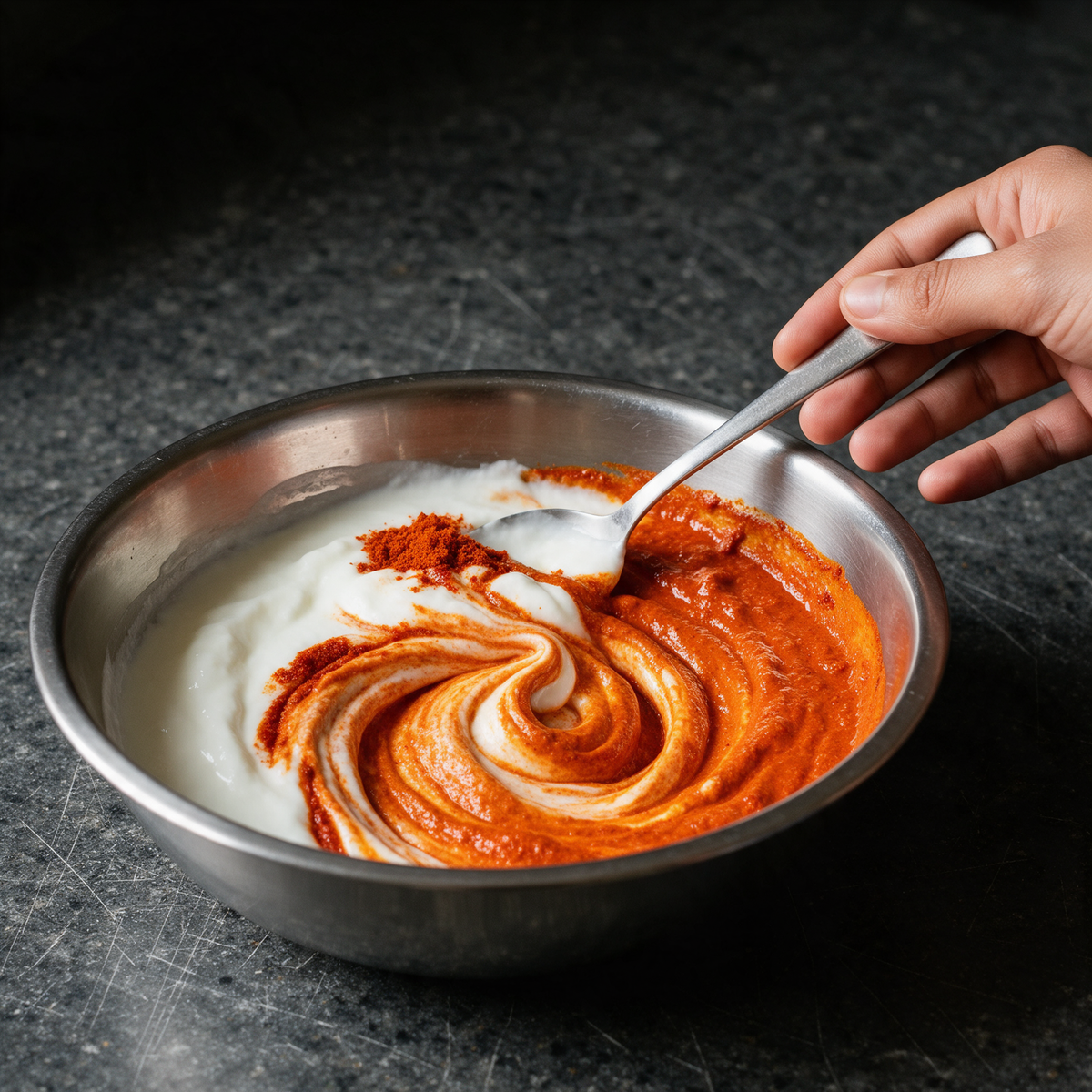 Byadagi chilli powder being folded into thick curd for a marinade, half the bowl still white and half deep red
