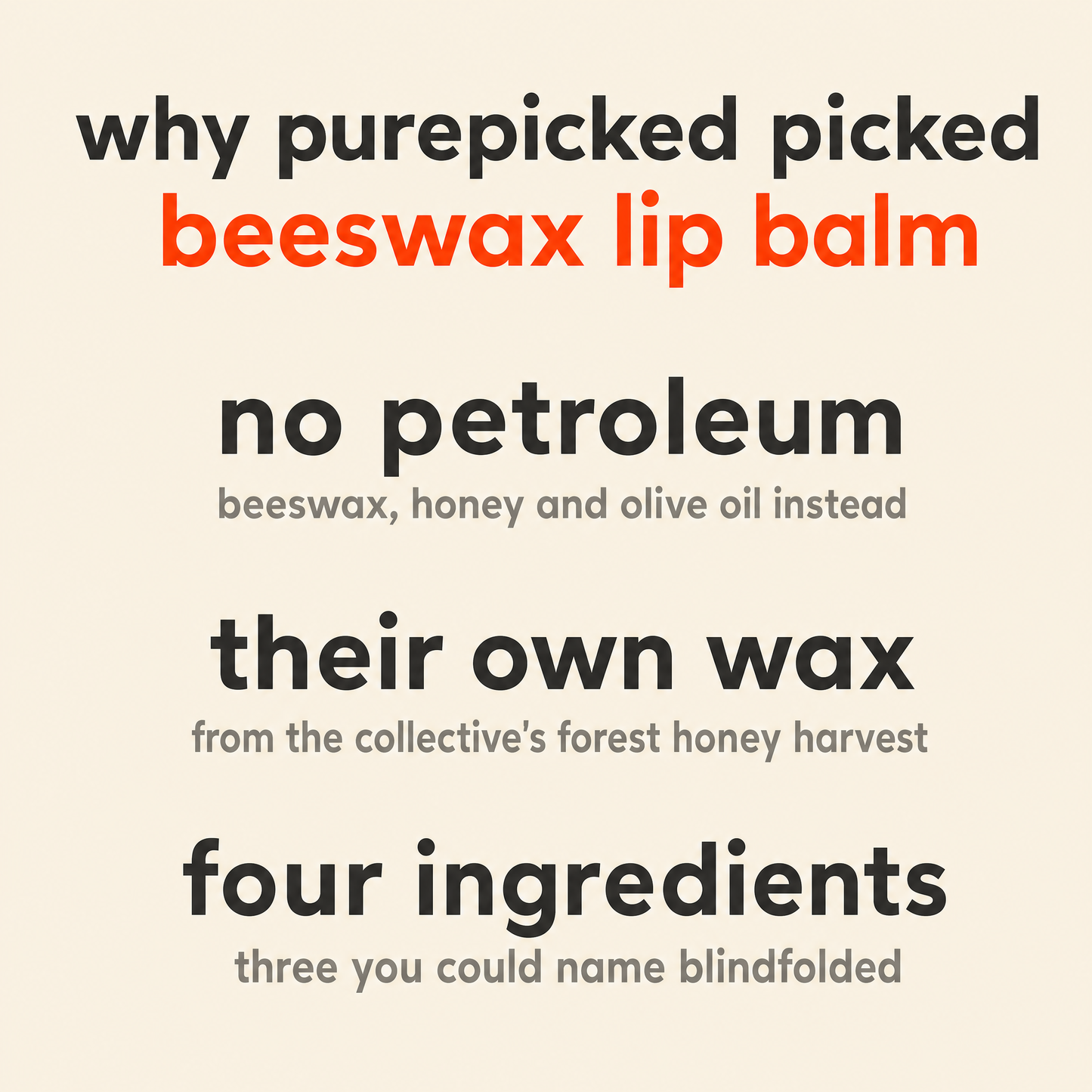 Why Purepicked picked Beeswax Lip Balm: no petroleum, their own wax, four ingredients