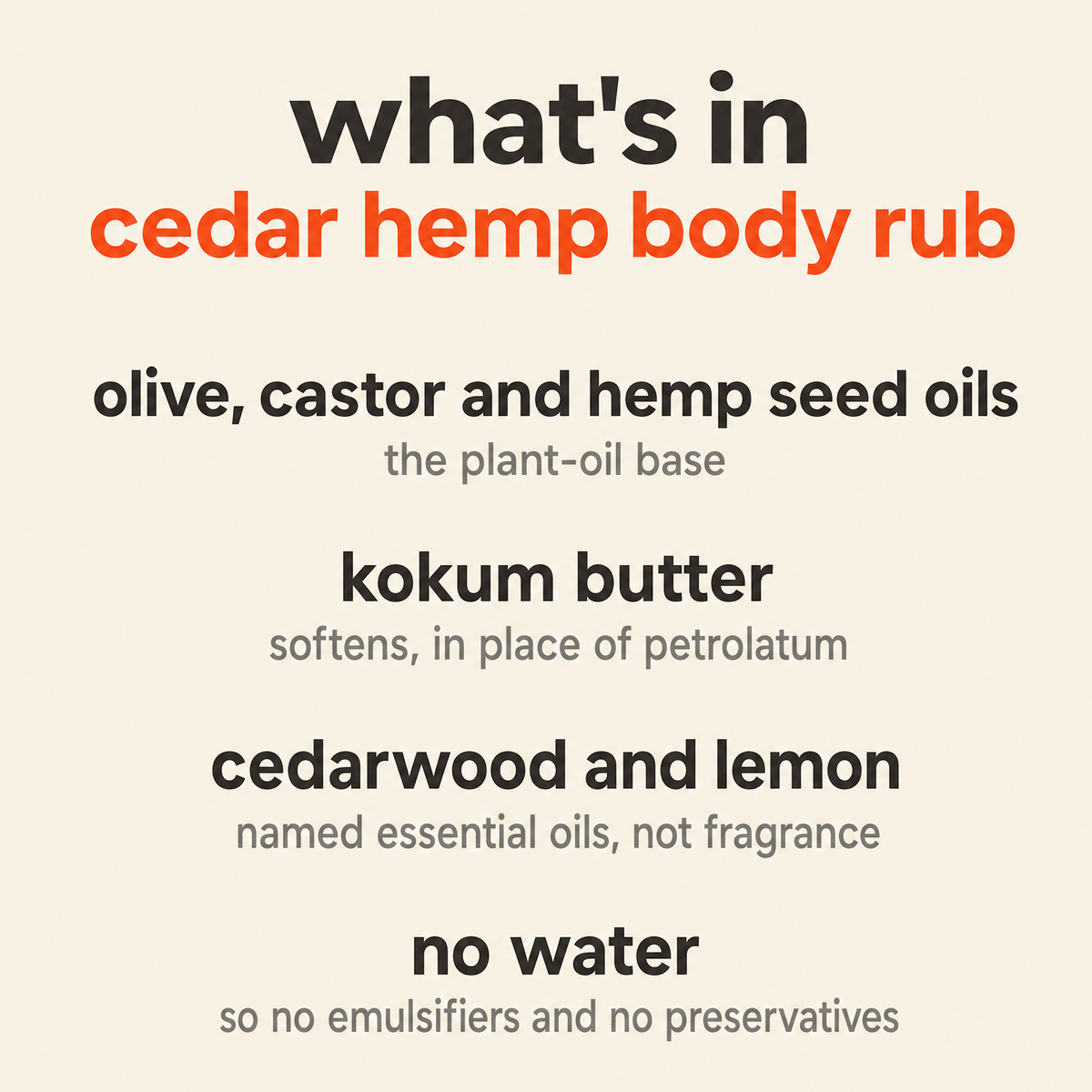 What is in Cedar Hemp Body Rub: olive, castor and hemp seed oils, kokum butter, cedarwood and lemon, no water