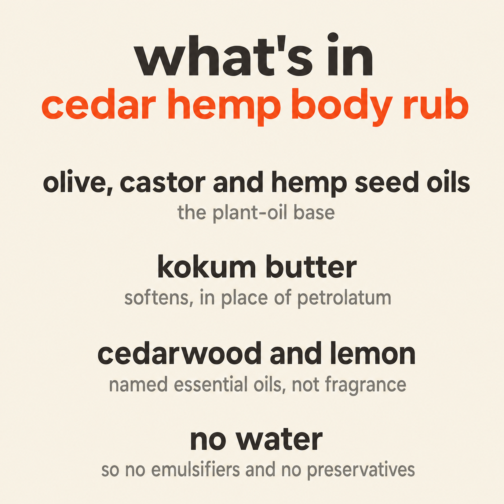 What is in Cedar Hemp Body Rub: olive, castor and hemp seed oils, kokum butter, cedarwood and lemon, no water