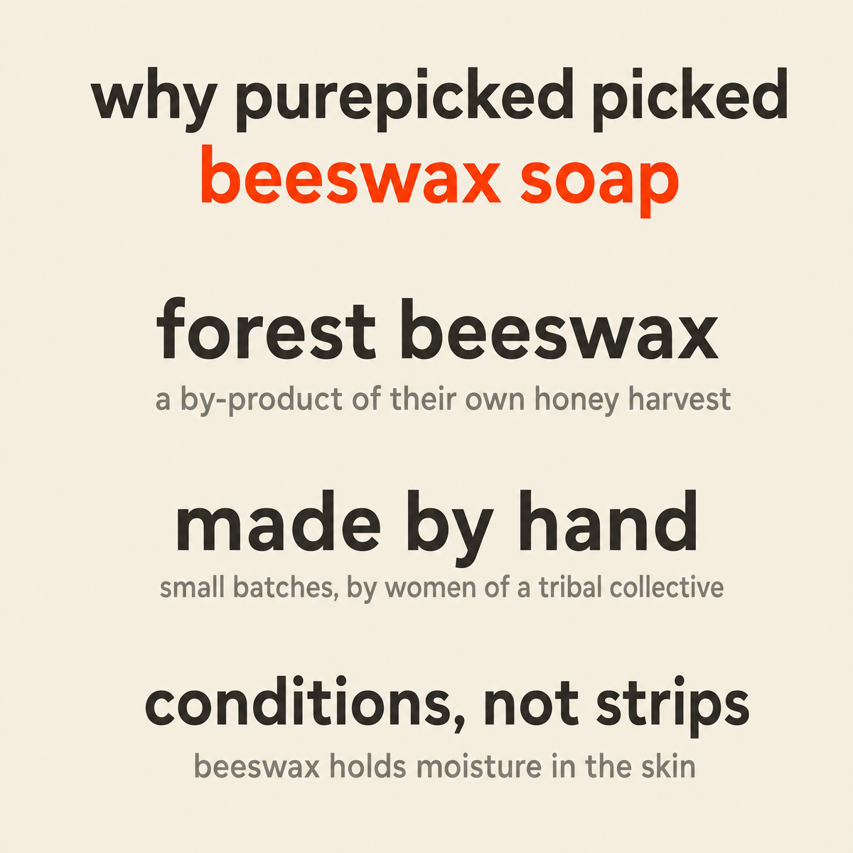 Why Purepicked picked Beeswax Soap: forest beeswax, made by hand, conditions rather than strips