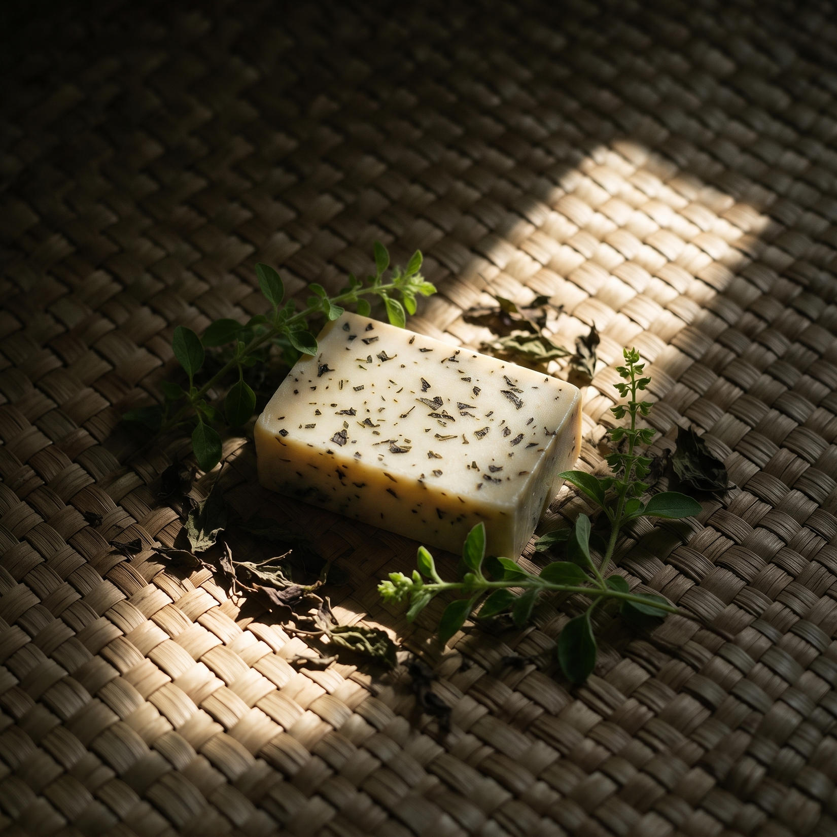 A cream soap bar flecked with tulsi leaf on a woven screwpine mat, lit by one hard shaft of sun, with fresh tulsi sprigs and dried leaf scattered around