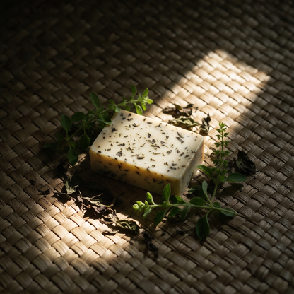 A cream soap bar flecked with tulsi leaf on a woven screwpine mat, lit by one hard shaft of sun, with fresh tulsi sprigs and dried leaf scattered around