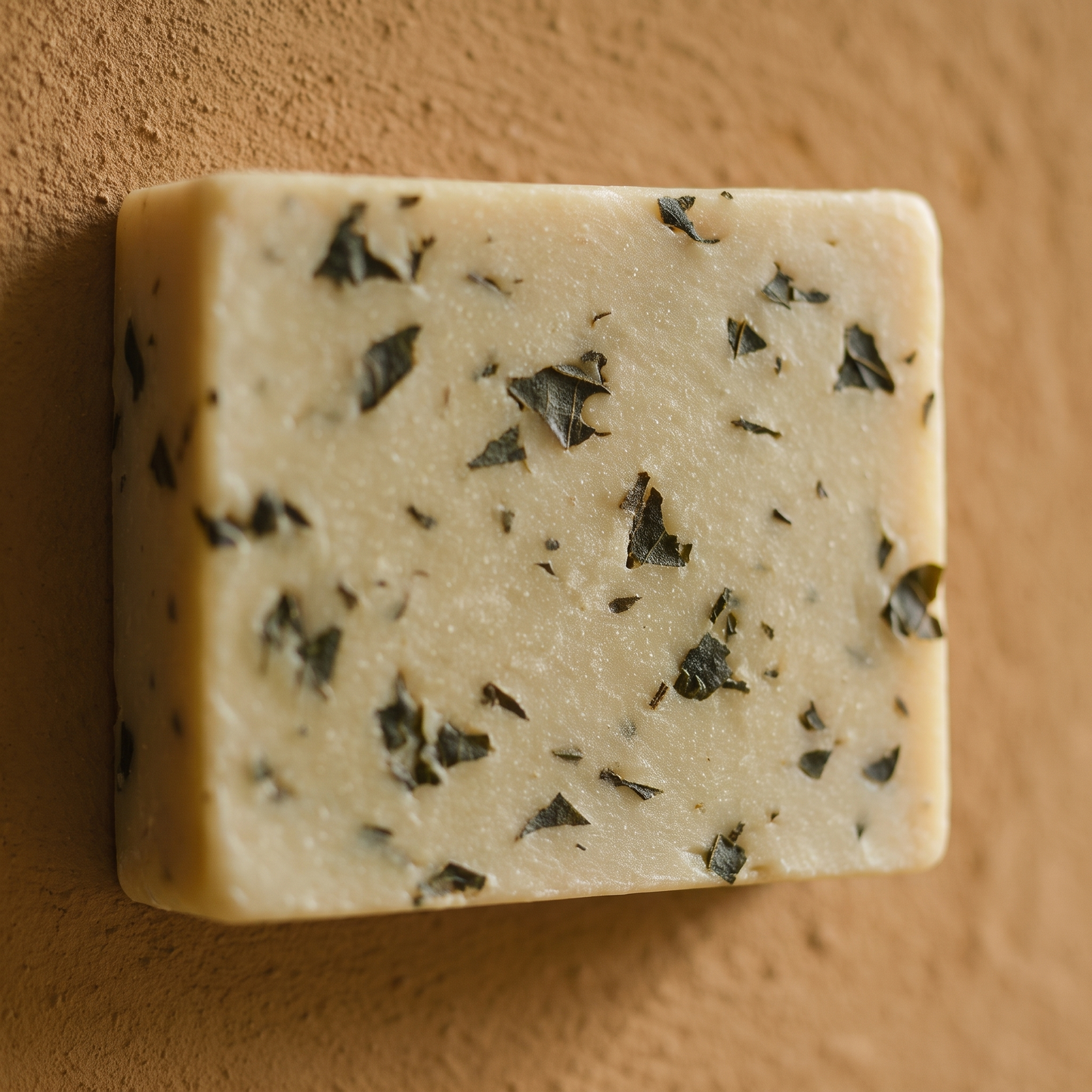 Close-up of the cream soap bar face against ochre mud plaster, chopped tulsi leaf pieces embedded in the set soap