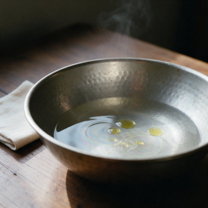 Three drops of lemongrass oil spreading on hot water in a hammered steel bowl for steam inhalation, a folded cotton cloth beside it