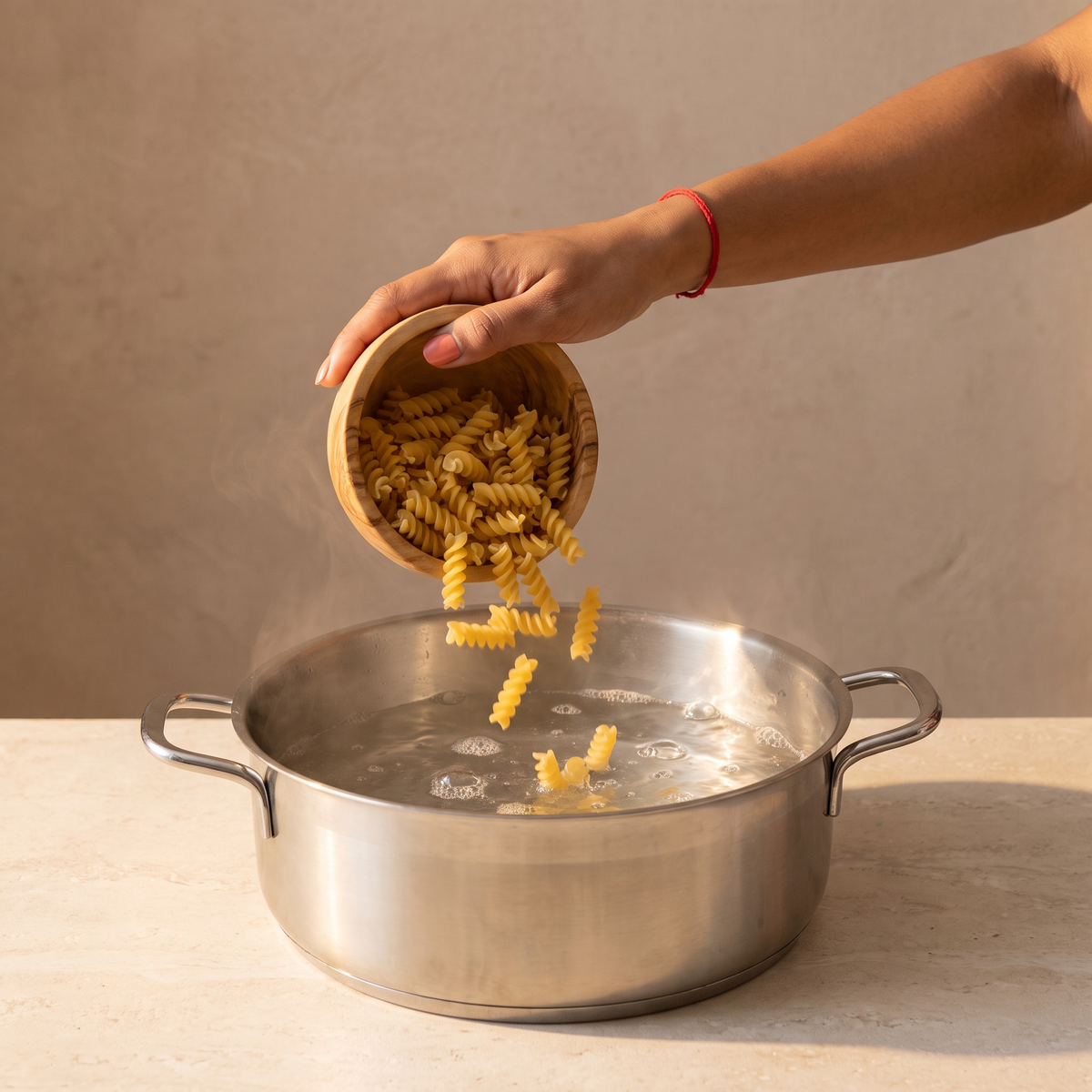 Dry fusilli spirals being tipped from a wooden bowl into a pot of boiling water in warm afternoon light